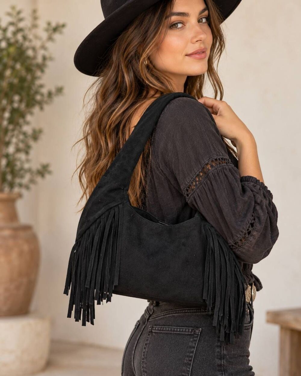 Target Black Fringe Hobo Shoulder Bag Faux Suede Boho Western NWT